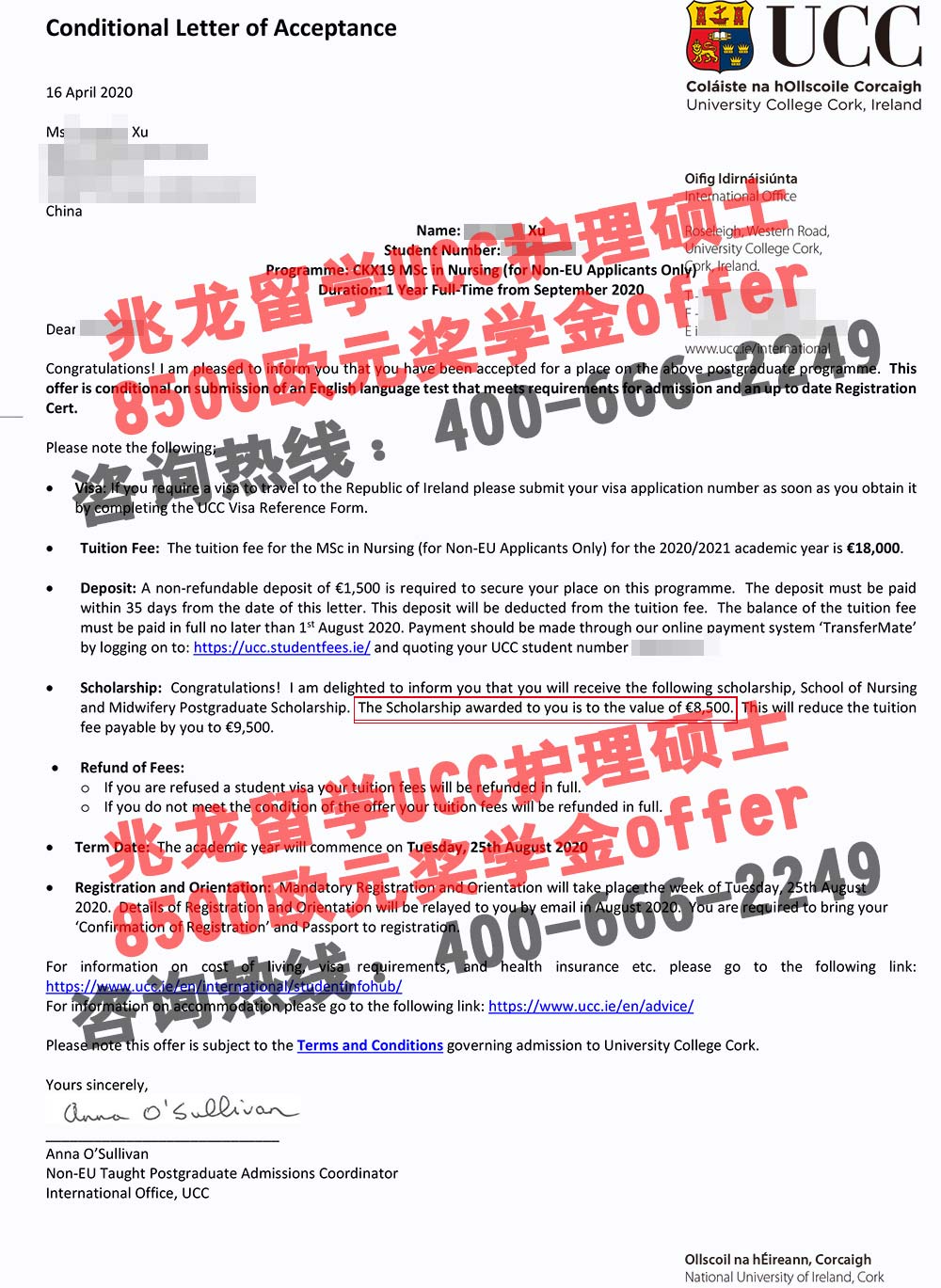 徐shengzhi-科克大学护理学硕士8500欧元奖学金有条件offer-北京兆龙留学1.jpg